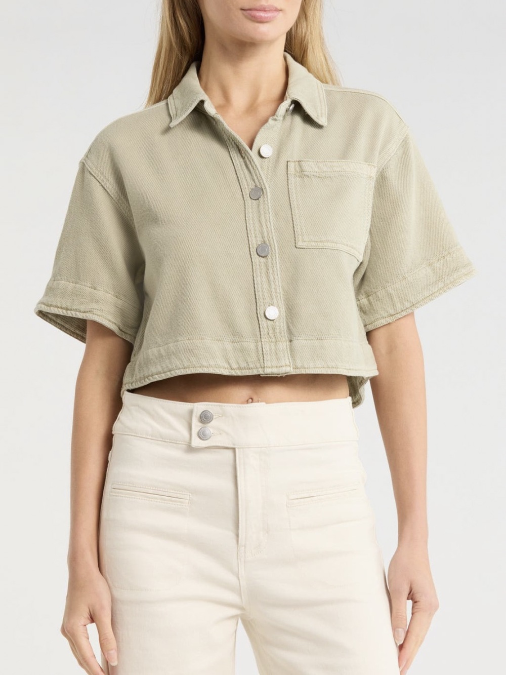 Habitual Stretch Cotton Cropped Button-Front Shaket Sz M NWT Tea/Sage